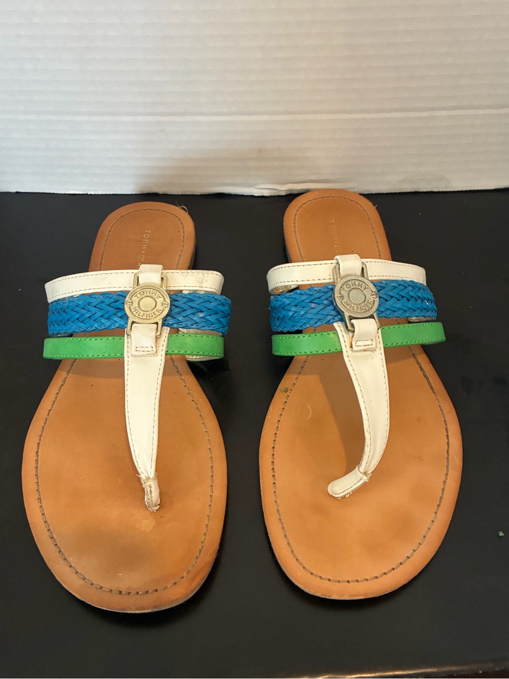 Tommy Hilfiger White, Blue & Green Braided Thong Sandals